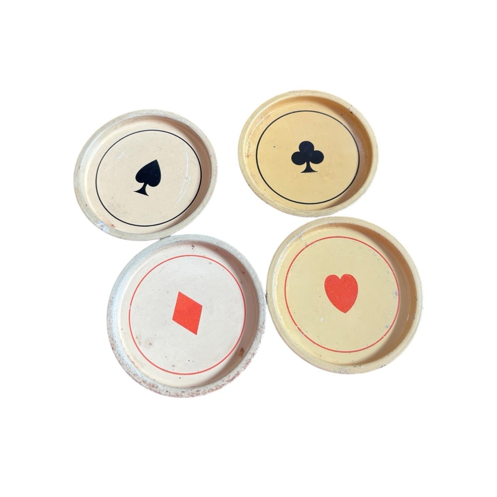 Vintage Lithographed Tin Coasters|Card Suits|Set of 4 - Red, Black, Cream